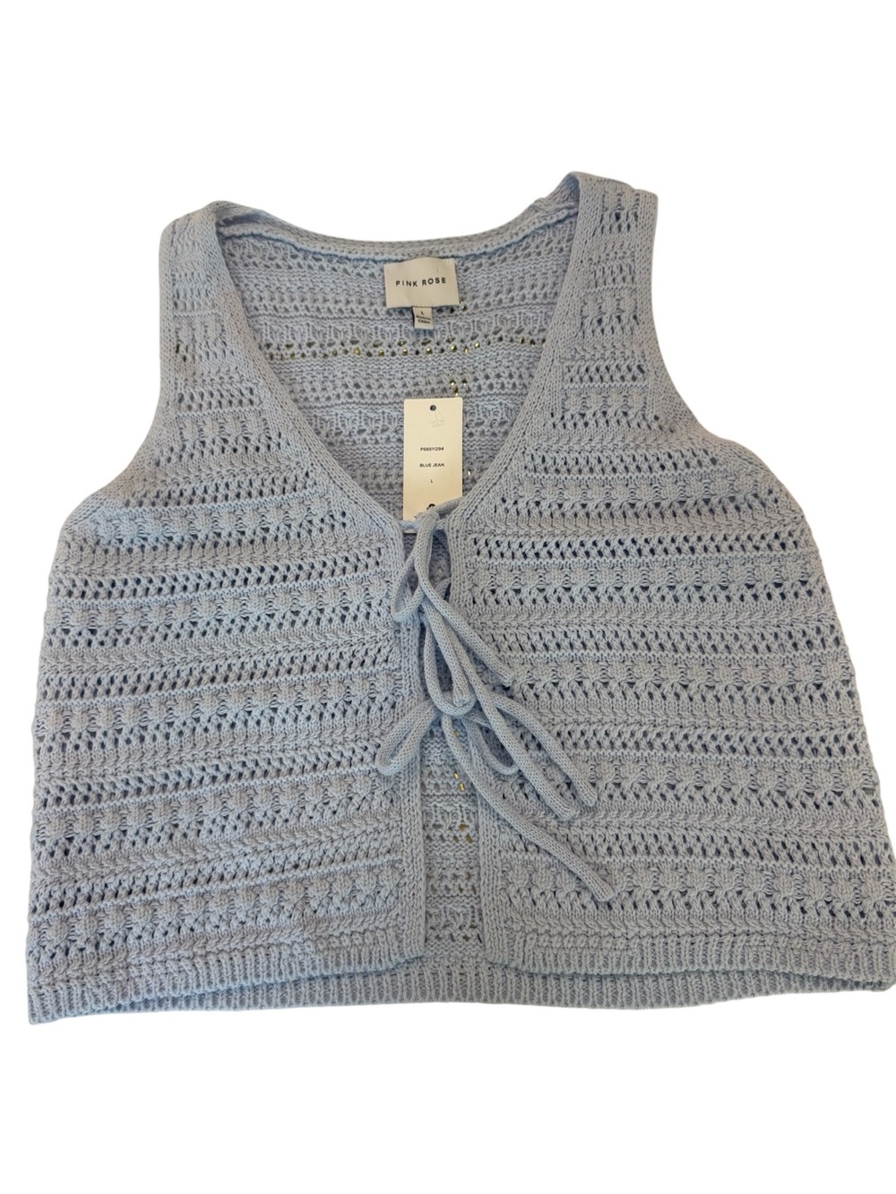 Pink Rose Women's Light Blue Crochet Tie-Front Sweater Vest. Size Large.